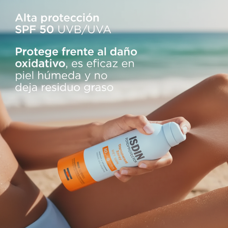 ISDIN Fotoprotector Transparent Spray Wet Skin SPF 50 - lifestyle en playa